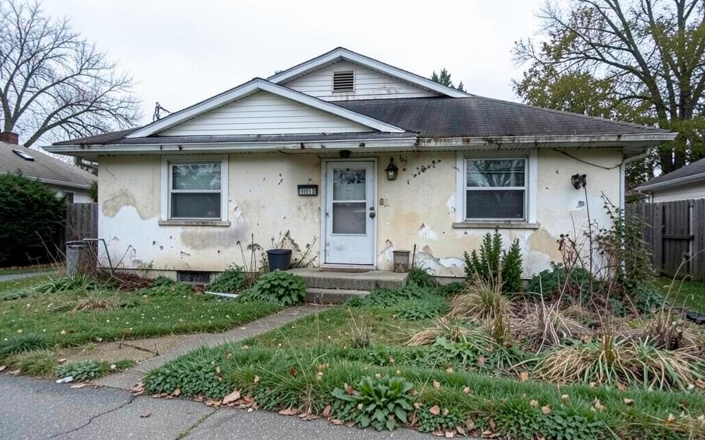 Rundown single story house with peeling paint and overgrown yard before renovation