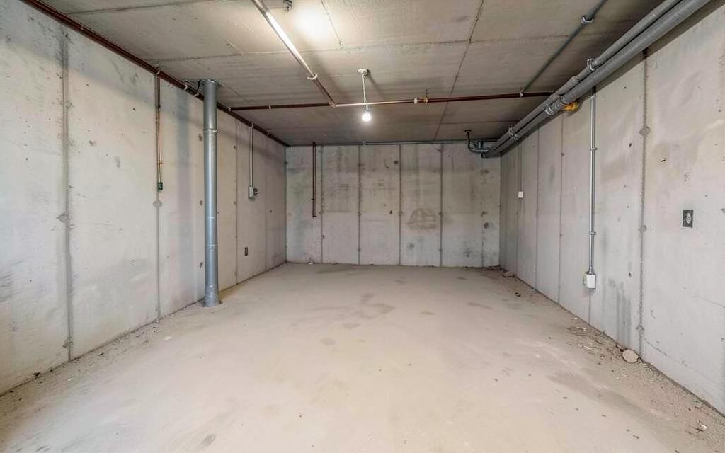 Bare unfinished basement with concrete walls and exposed pipes