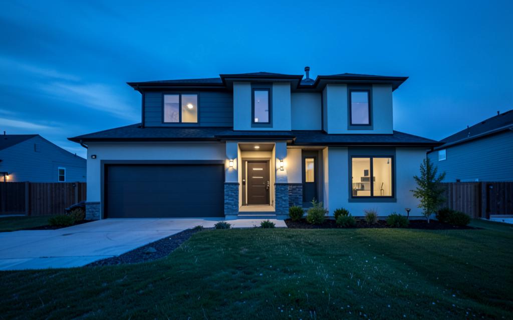 Modern suburban home exterior at dusk